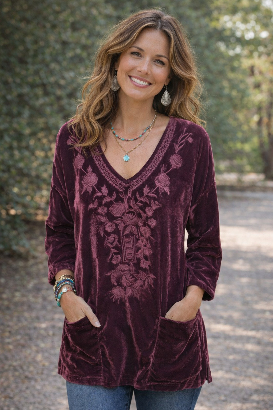 Soft Surroundings Burgundy Embroidered Velvet 2 Pocket Top Boho S Whimsy Goth